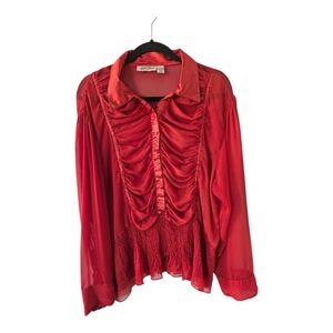 Button Up Shirt Women Sz 20  Red Ruched Front Smocked Waist Peasant Whimsgoth